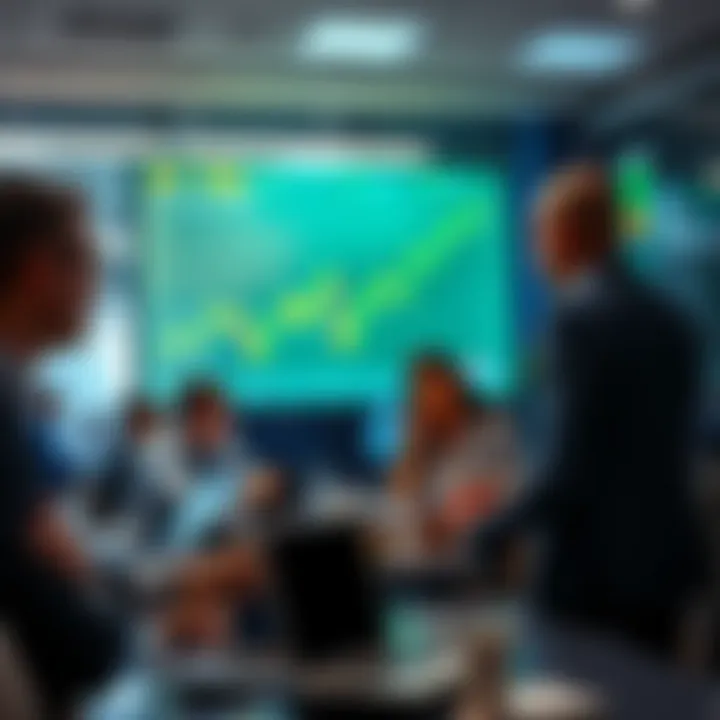 A group of traders discussing the safest trading exchanges in a modern office setting