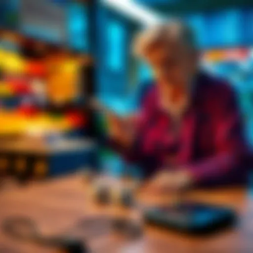 Secure Transactions with Digital Wallets An elderly woman preparing to buy groceries, rolling dice on a table to symbolize safety checks for transactions, with a digital wallet on her phone beside her.
