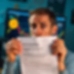 A person looking worried while holding a paper with a seed phrase, with a computer screen displaying a cryptocurrency exchange behind them.