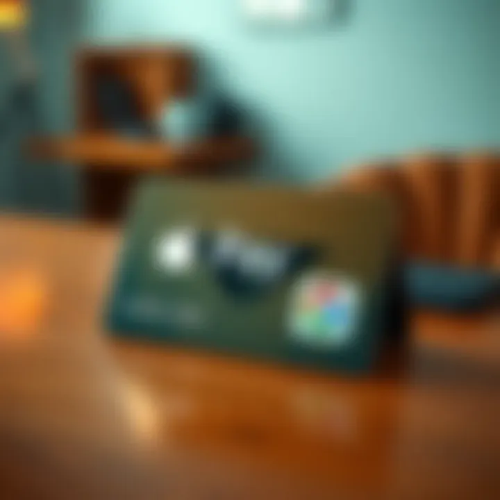 A self-custody crypto card displaying a digital currency wallet alongside Apple Pay and Google Pay logos, set on a wooden table