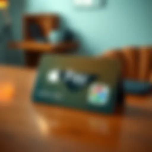 Self-Custody Crypto Card on Table A self-custody crypto card displaying a digital currency wallet alongside Apple Pay and Google Pay logos, set on a wooden table