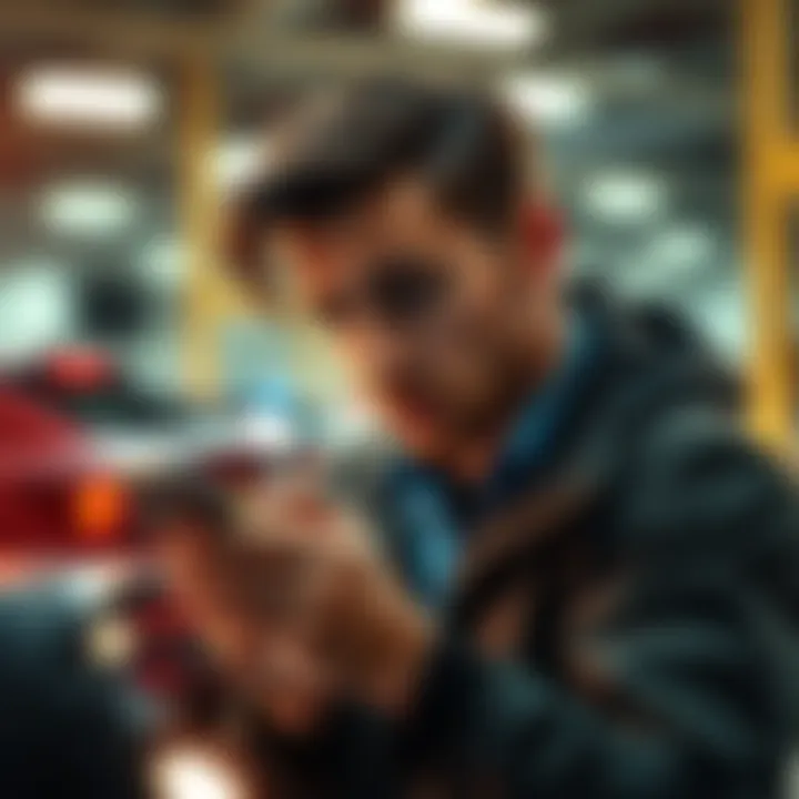 A car seller looking worried while checking a low bid on a smartphone at an auction.