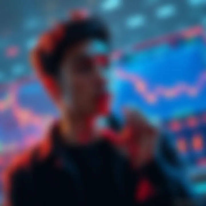 A person contemplating selling Flare coins, surrounded by market charts showing a downward trend