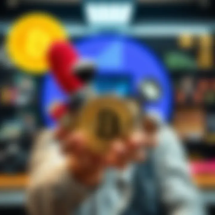 Person holding various items for sale with a Bitcoin logo in the background