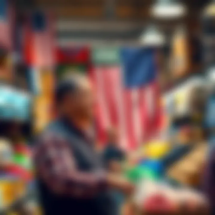 A person showcasing products in a market setting with a USA flag in the background, highlighting American sales