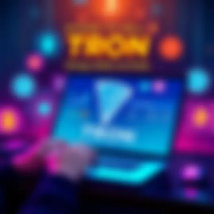 A person using a laptop to sell TRON energy on a digital platform, surrounded by energy symbols and currency icons.