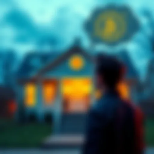 A person standing in front of a house, contemplating selling it for Bitcoin investment, with a thought bubble showing Bitcoin graphics.