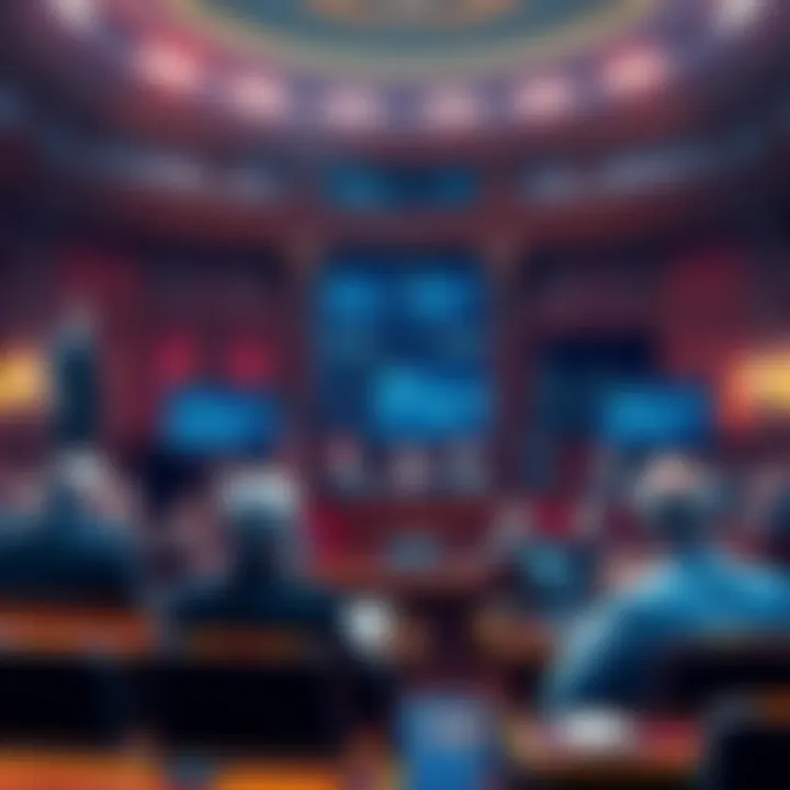 A group of senators discussing the Clarity Act in a legislative chamber, with financial charts on display, representing potential impacts on cryptocurrency regulations.