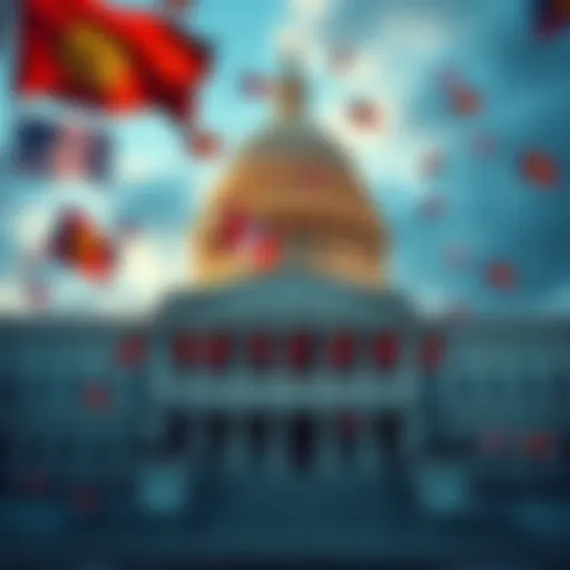 The US Senate building with flags flying, symbolizing a vote against Central Bank Digital Currency, showing support for Bitcoin and financial freedom