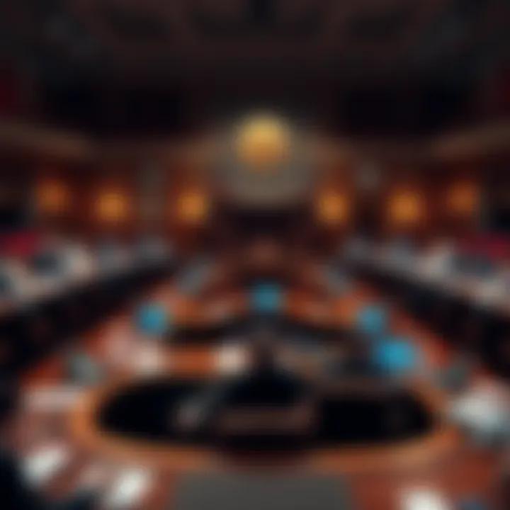 Senators discuss cryptocurrency regulations in a packed meeting room, with documents and laptops on the table, showing urgency as the deadline approaches.