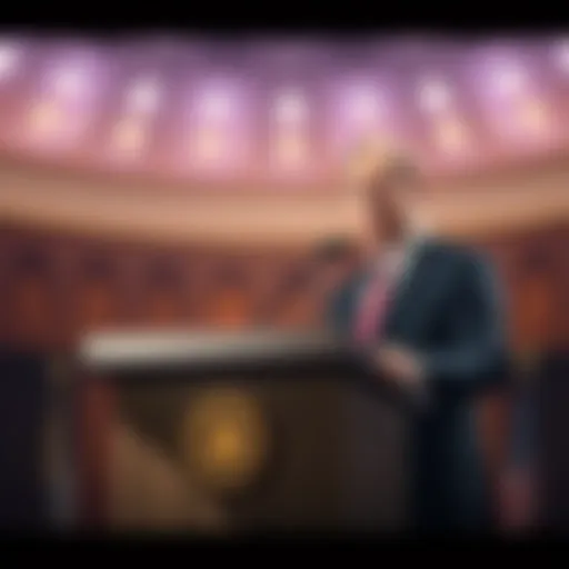 Senator Adam Schiff stands at a podium discussing the COIN Act to restrict cryptocurrency use by Presidents, highlighting the need for integrity in office.