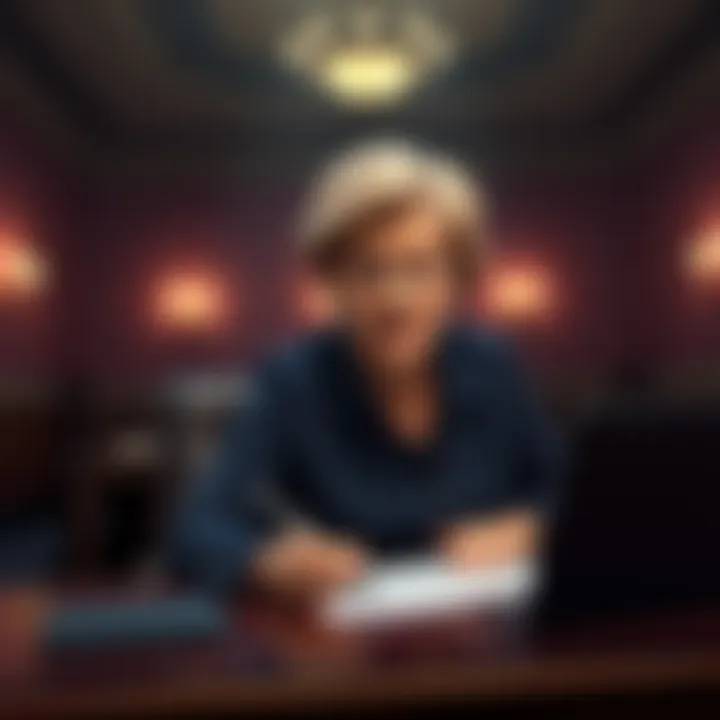 Senator Elizabeth Warren sitting at a desk, writing a letter to Mark Zuckerberg about Meta's stablecoin plans, looking concerned