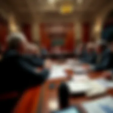 A group of senators in a meeting discussing legislation that could affect stablecoin yields, with charts and documents on the table.