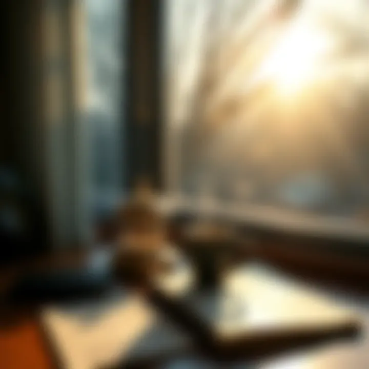A tranquil early morning scene with sunlight filtering through a window, highlighting a workspace with a steaming cup of coffee and an open journal.