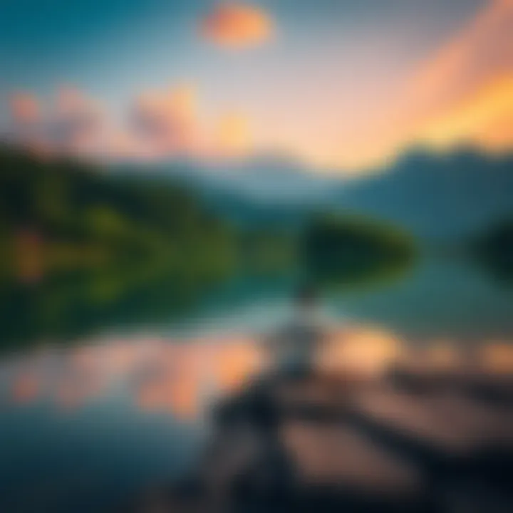 A serene landscape showcasing tranquility, with a person meditating by a calm lake surrounded by lush greenery.