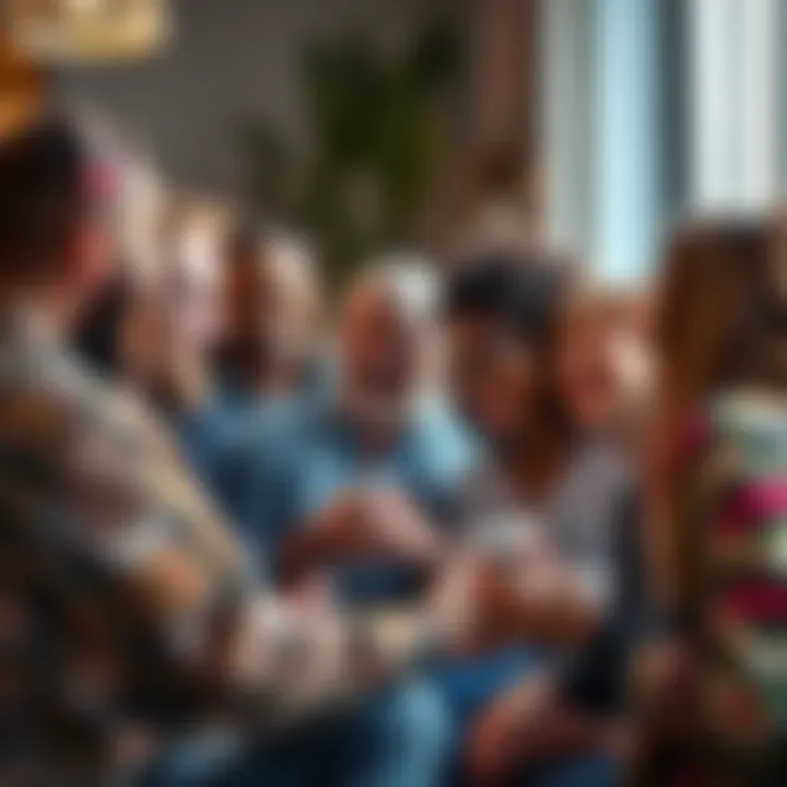 A group of diverse individuals gathered together, sharing their personal stories in an uplifting atmosphere.