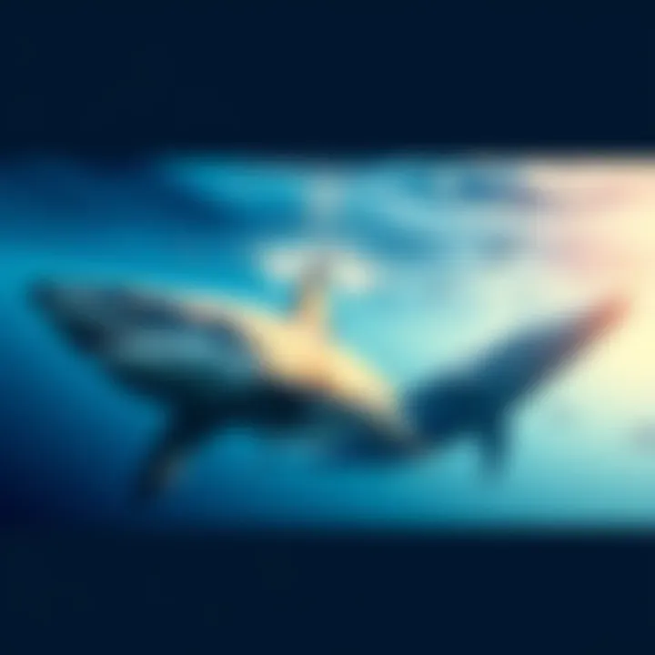 A serene underwater scene featuring a shark and whale swimming gracefully together, highlighting the beauty and diversity of marine life.