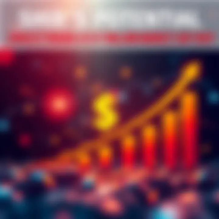 Shib Cryptocurrency Growth Concept A visual representation of Shib cryptocurrency with a graph showing potential growth towards a $1 trillion market cap by 2035, featuring dollar signs and upward arrows.