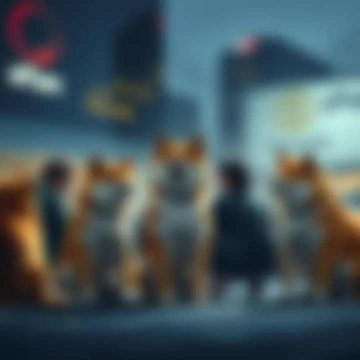 A group of Shiba Inu coin investors discussing their investment strategies, focused on the .001 milestone, with Shiba Inu dogs nearby symbolizing their commitment.