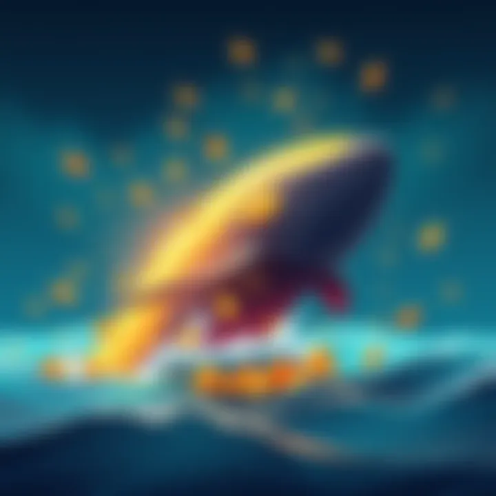 SHIB Whale Releasing Tokens An illustration of a large whale symbolically releasing tokens into the ocean, representing a dormant SHIB whale awakening and offloading 400 billion tokens.