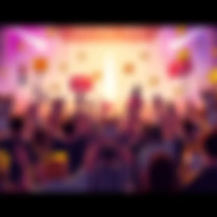 Shiba Inu Community Celebration A vibrant gathering of Shiba Inu enthusiasts holding signs that say HODL, with excitement in the air as they anticipate a price rise, surrounded by digital graphics of rockets and coins.