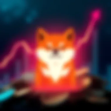 A stylized Shiba Inu dog logo representing the Shiba Inu cryptocurrency against a backdrop of rising charts and coins.