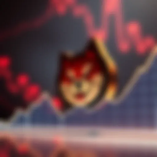 A Shiba Inu cryptocurrency logo shown alongside a downward-trending graph, symbolizing a drop in interest and burn rates.
