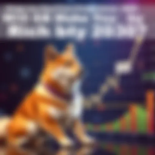 A Shiba Inu dog sitting next to a price chart showing upward trends, symbolizing potential investment growth by 2030.