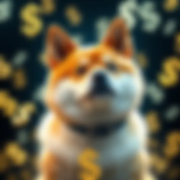 A Shiba Inu dog surrounded by dollar signs, symbolizing wealth and investment potential, representing the future outlook of SHIB prices from 2027 to 2030.