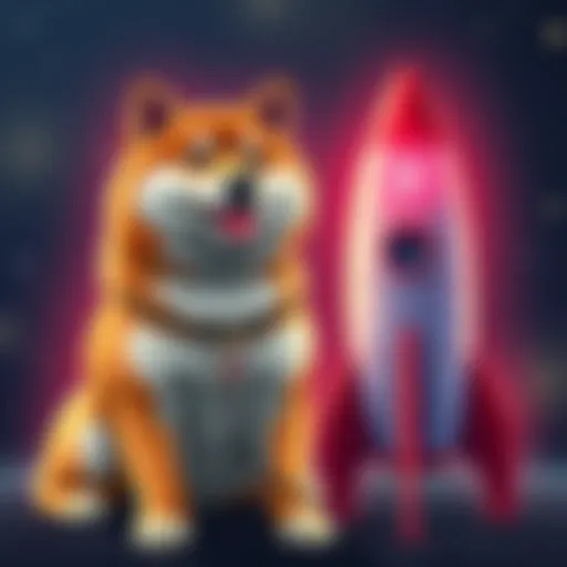 A Shiba Inu dog sitting next to a cartoon rocket, symbolizing the rise of cryptocurrency.