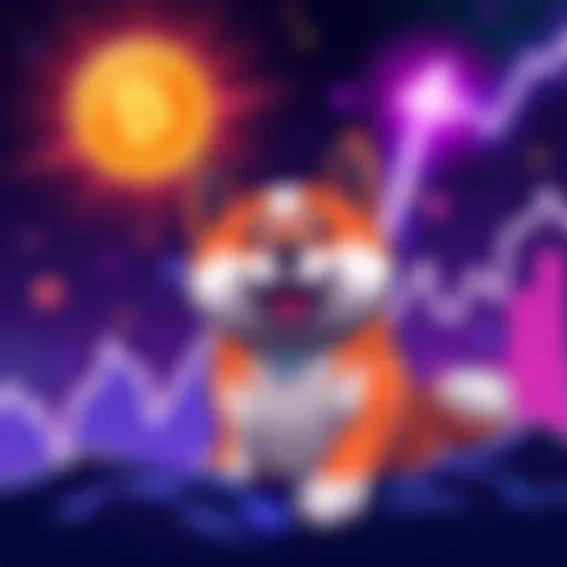 A graphic showing the rising price chart of Shiba Inu cryptocurrency with a Shiba Inu dog illustration