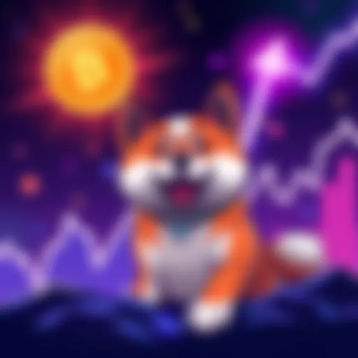 A graphic showing the rising price chart of Shiba Inu cryptocurrency with a Shiba Inu dog illustration