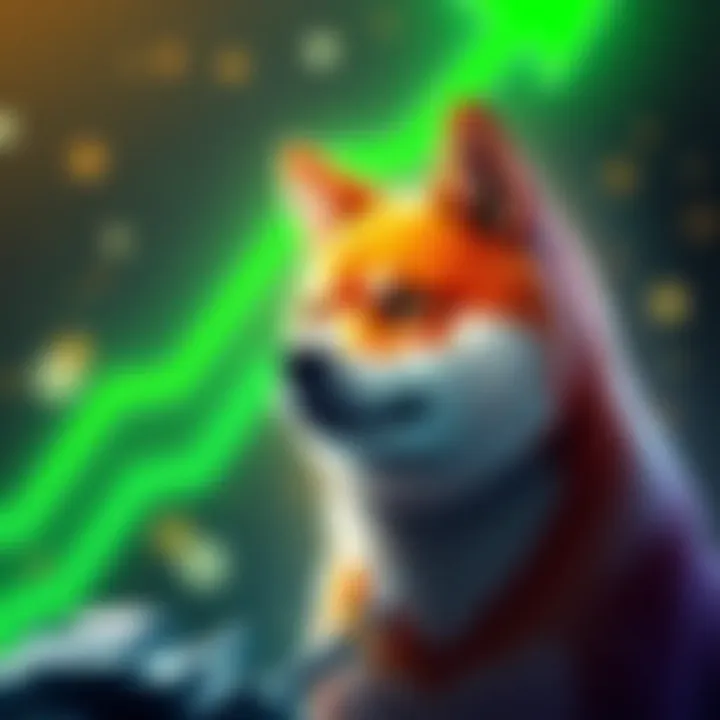 Shiba Inu coin symbol with a green upward arrow indicating its market rise