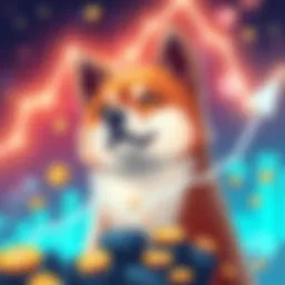 Illustration of Shiba Inu dog with upward trending graph and coins, symbolizing potential surge in cryptocurrency value.