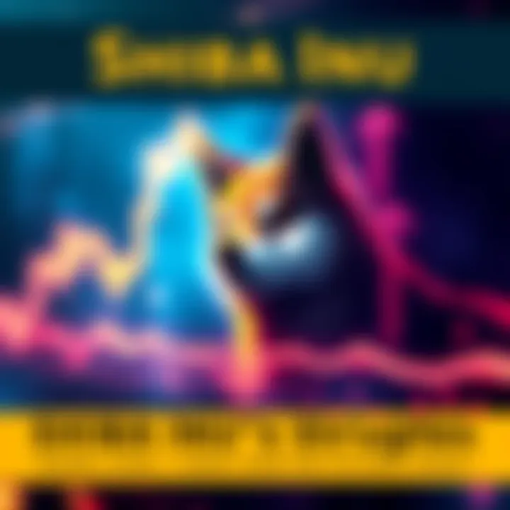 A graphic showing Shiba Inu crypto token trends with upward and downward arrows on a chart, representing market fluctuations and future predictions.