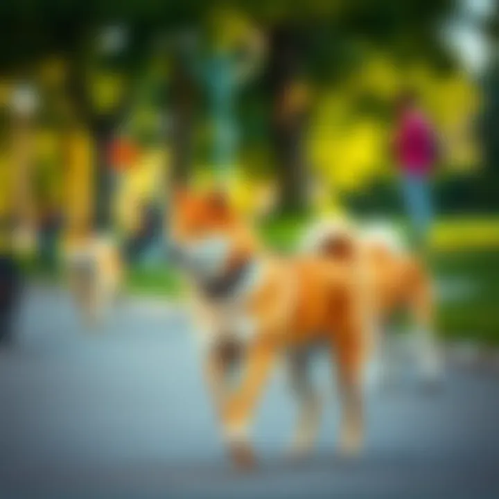 A Shiba Inu on a leash walking calmly while ignoring other dogs nearby during a park outing
