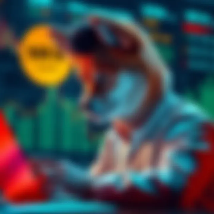A young investor analyzing Shiba Inu coins with graphs and charts in the background