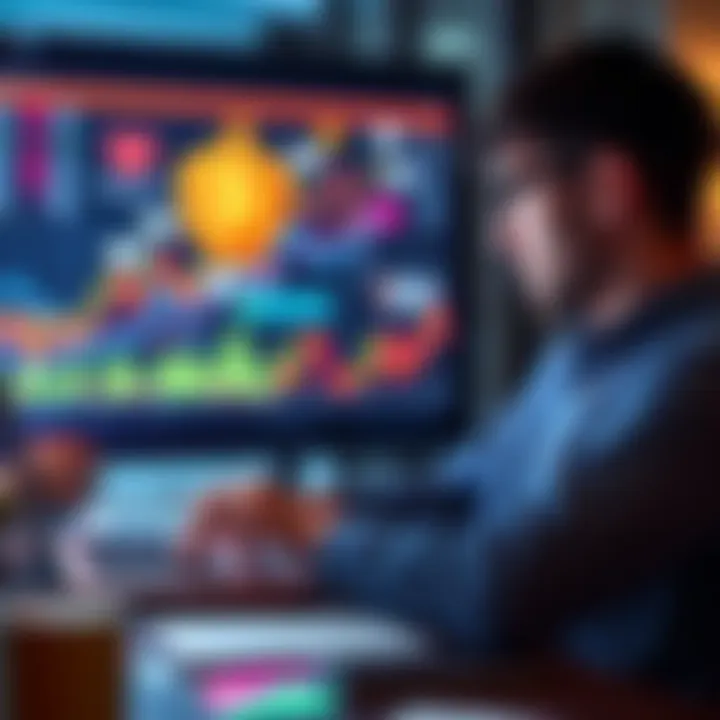 Shift in DeFi Strategy A person reviewing financial graphs and charts on a laptop, focusing on safer investment strategies in DeFi. The background shows visuals of cryptocurrency and security icons.