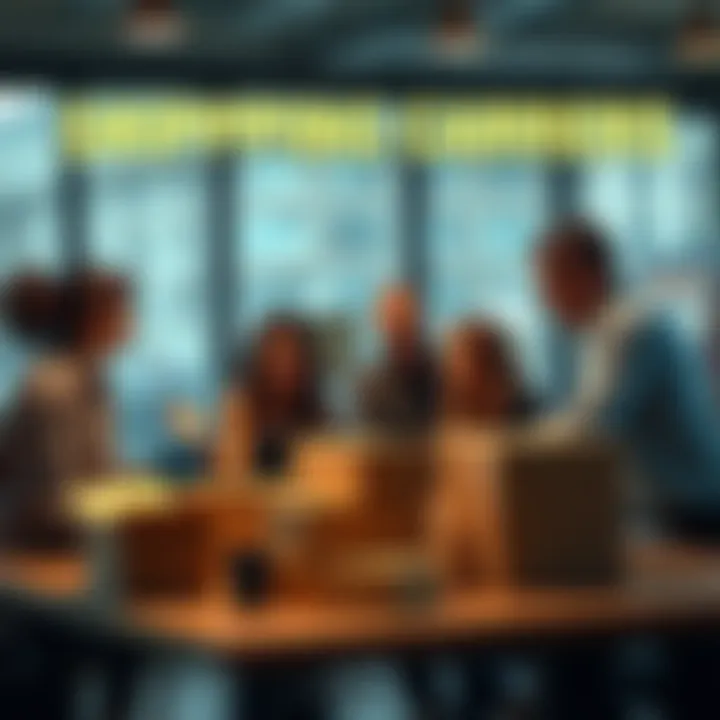 A group of people discussing shipping carrier options at a table with packages and a laptop