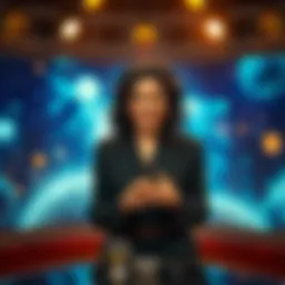 Shohreh Aghdashloo speaking passionately about science in a studio setting, with a cosmic background