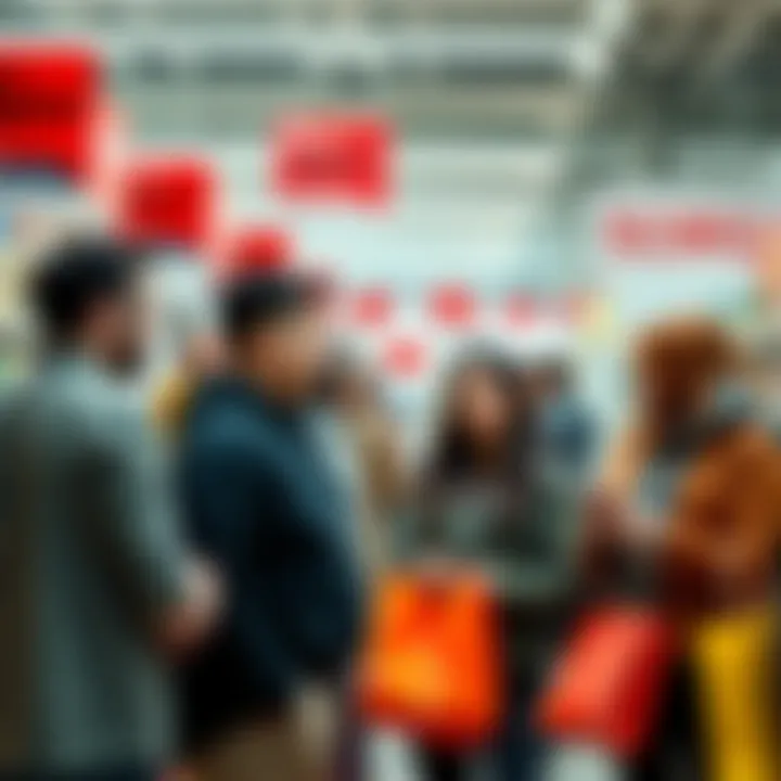 A group of shoppers chatting about price tags in a store, expressing varied reactions to costs.