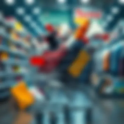 A shopping cart overflowing with various consumer goods like clothes and electronics