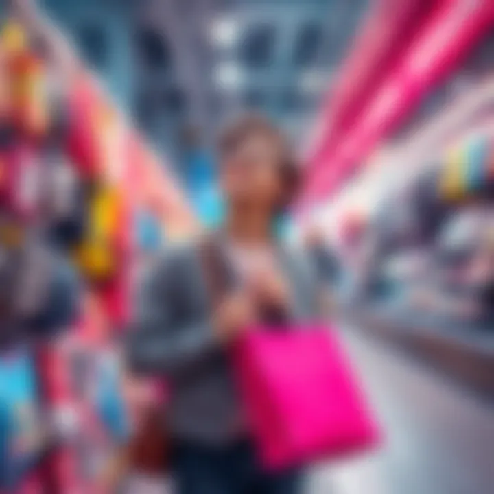 A person standing in front of a colorful display of unnecessary gadgets, looking excited while holding a shopping bag.
