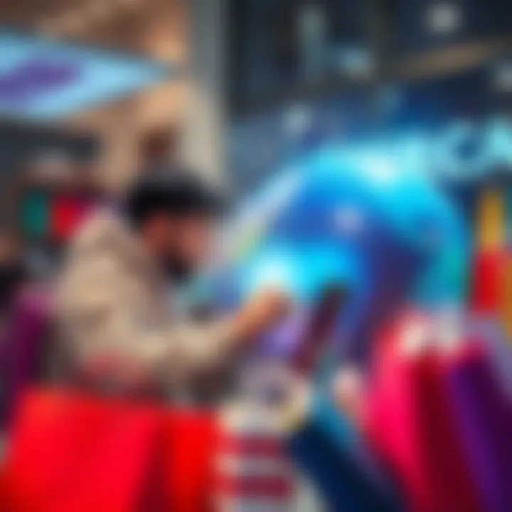 A person using the BitMardCard to make a purchase online from a laptop while surrounded by shopping bags and a globe, symbolizing global shopping.