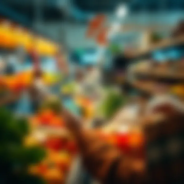 A person paying for groceries using a smartphone app with cryptocurrency, surrounded by fresh produce and household items.