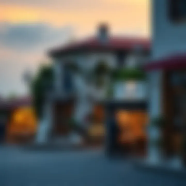 A view of several shops on a quiet French island, with a buyer discussing a deal with locals.