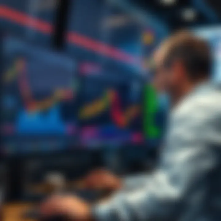 A trader analyzing stock market data on a computer screen, with charts showing fluctuating stock prices, symbolizing the impact of short selling in trading.