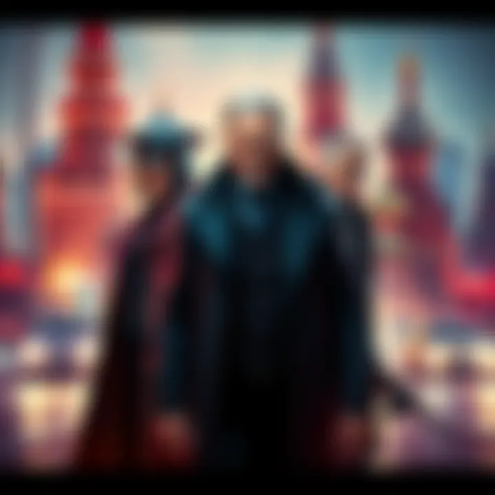 Sigma Stein with three influential figures in a Moscow setting, representing power and strategy in the city.