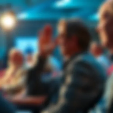 A quiet bidder raising a hand subtly during an auction, while others are engaged in discussions.