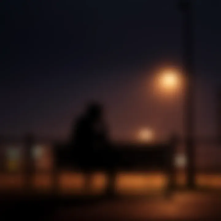 A shadowy figure sitting on a bench under a streetlight, looking contemplative and isolated, symbolizing feelings of shame and societal pressure.